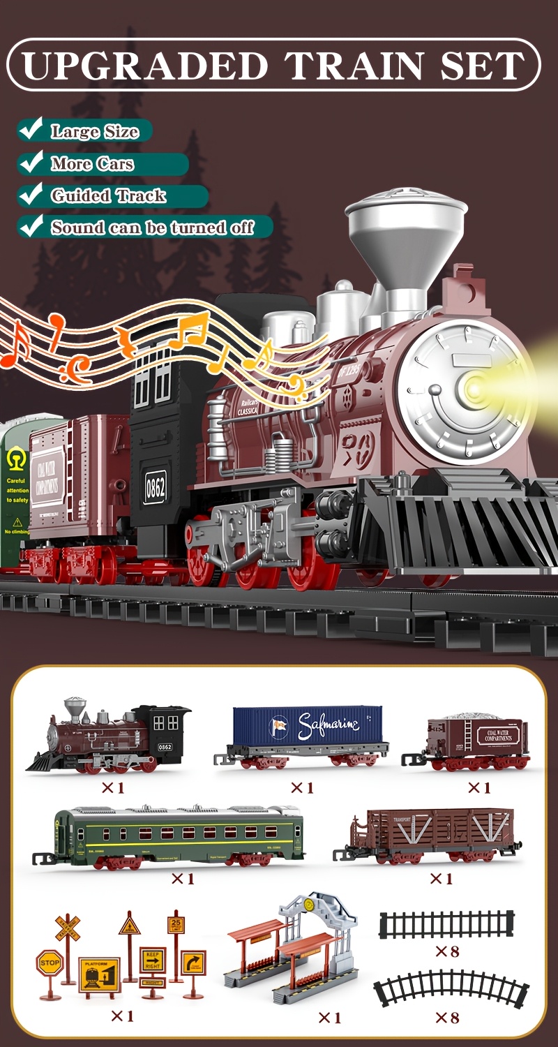 Electric Train Set Suitable For Children, Boys And Girls, Classic Christmas Train Toys, Steam Locomotive Engines, Lights And Sounds, Tracks, Birthday Toys