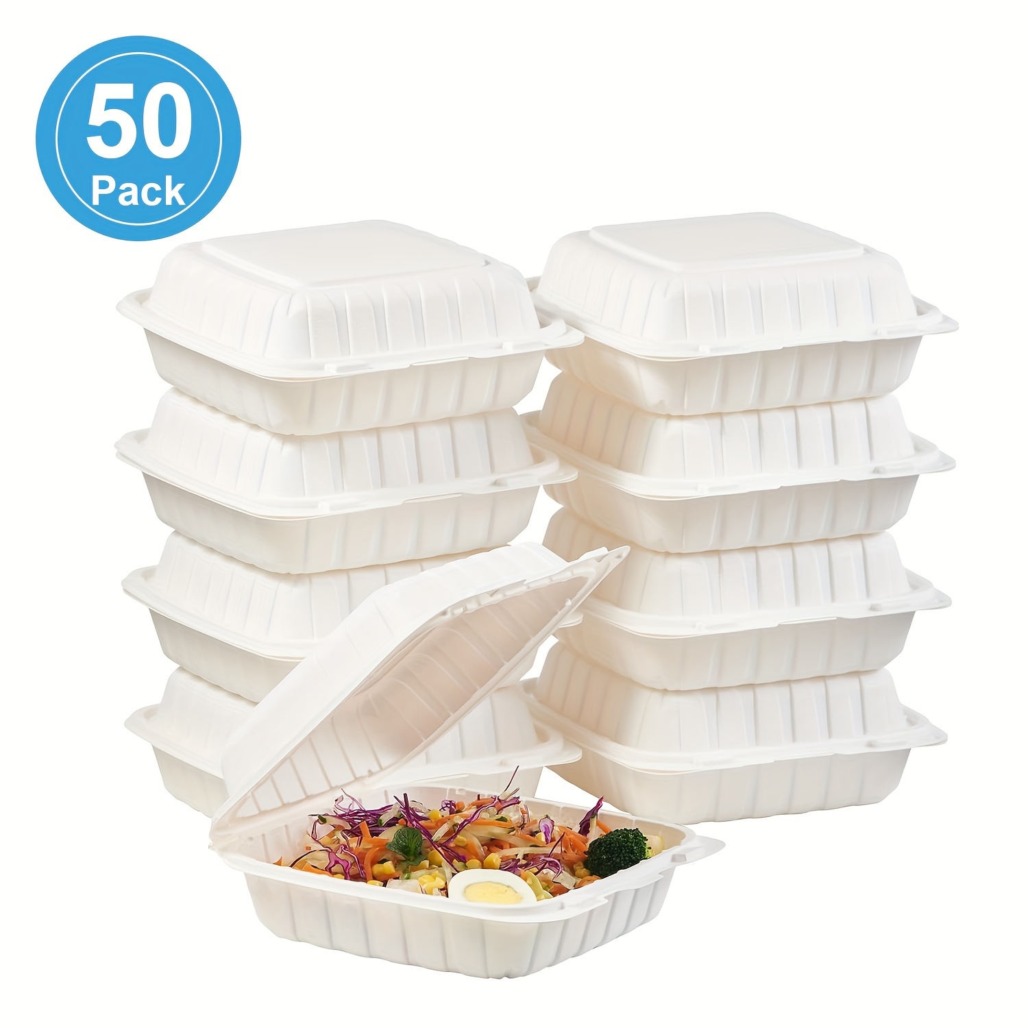 

50 Pack 8x8", Single Compartment Disposable Takeaway Box Containers, Heavy Duty Disposable Lunch Box, Plastic Takeaway Food Trays, Microwavable, Cut Resistant, Hinged Lid, White