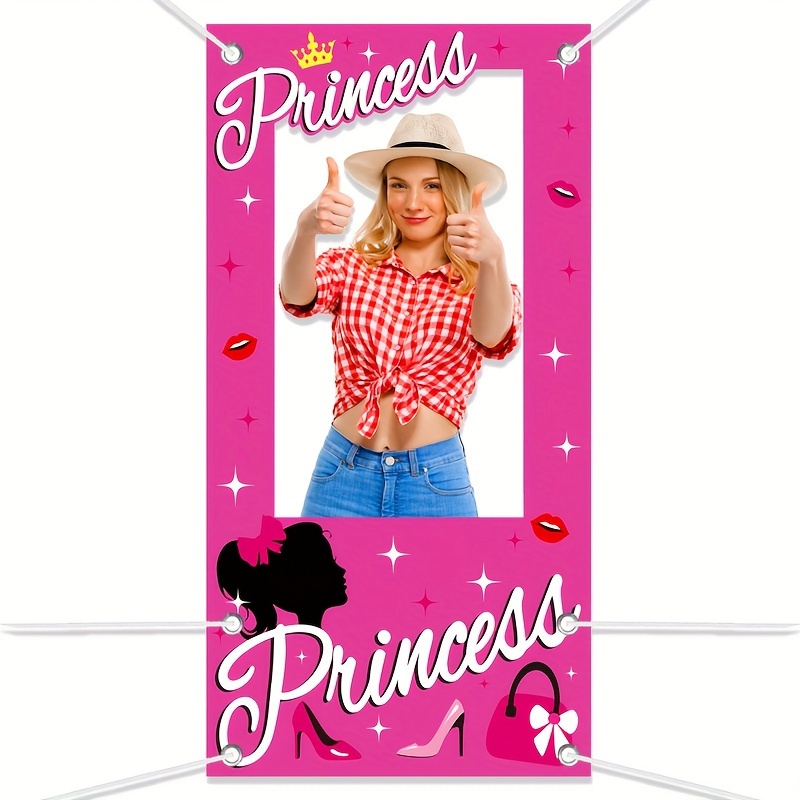 

Charming Pink Hollow-out Photo Banner - Perfect For Birthday & Cartoon Parties, Polyester, Featherless - Ideal For Home & Outdoor Decorations, Photo Booth Props