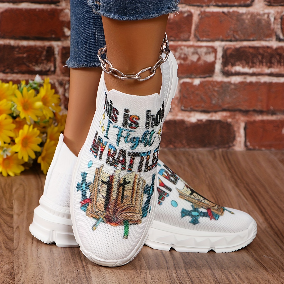 women s letter print platform sneakers breathable knit slip details 3