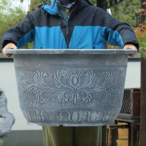 two large diameter embossed round resin planters imitation cement gray large sized flower pots non perforated aquatic plant containers garden for lotus pots landscape tree planting pots suitable for courtyard decoration non electric