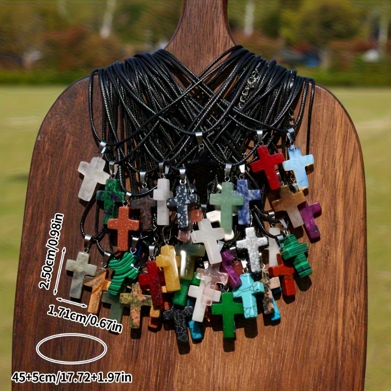 20pcs natural stone cross pendant necklace set chakra gemstone quartz cross necklace decoration with black leather cord jewelry making suitable for necklace jewelry making Product details 3