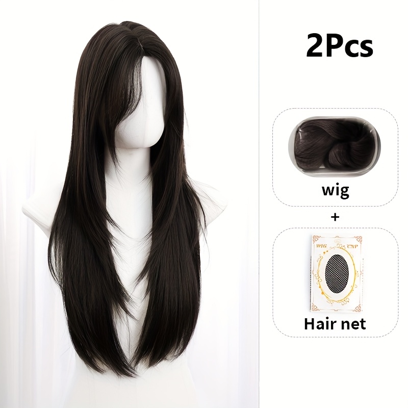 E-shop 2 Stück, Perücke + Haarnetz, 28 Zoll Hochtemperaturfaser, Mittelscheitel Schichtschneide-Stil für Konzerte, Partys, Karnevalsveranstaltungen und