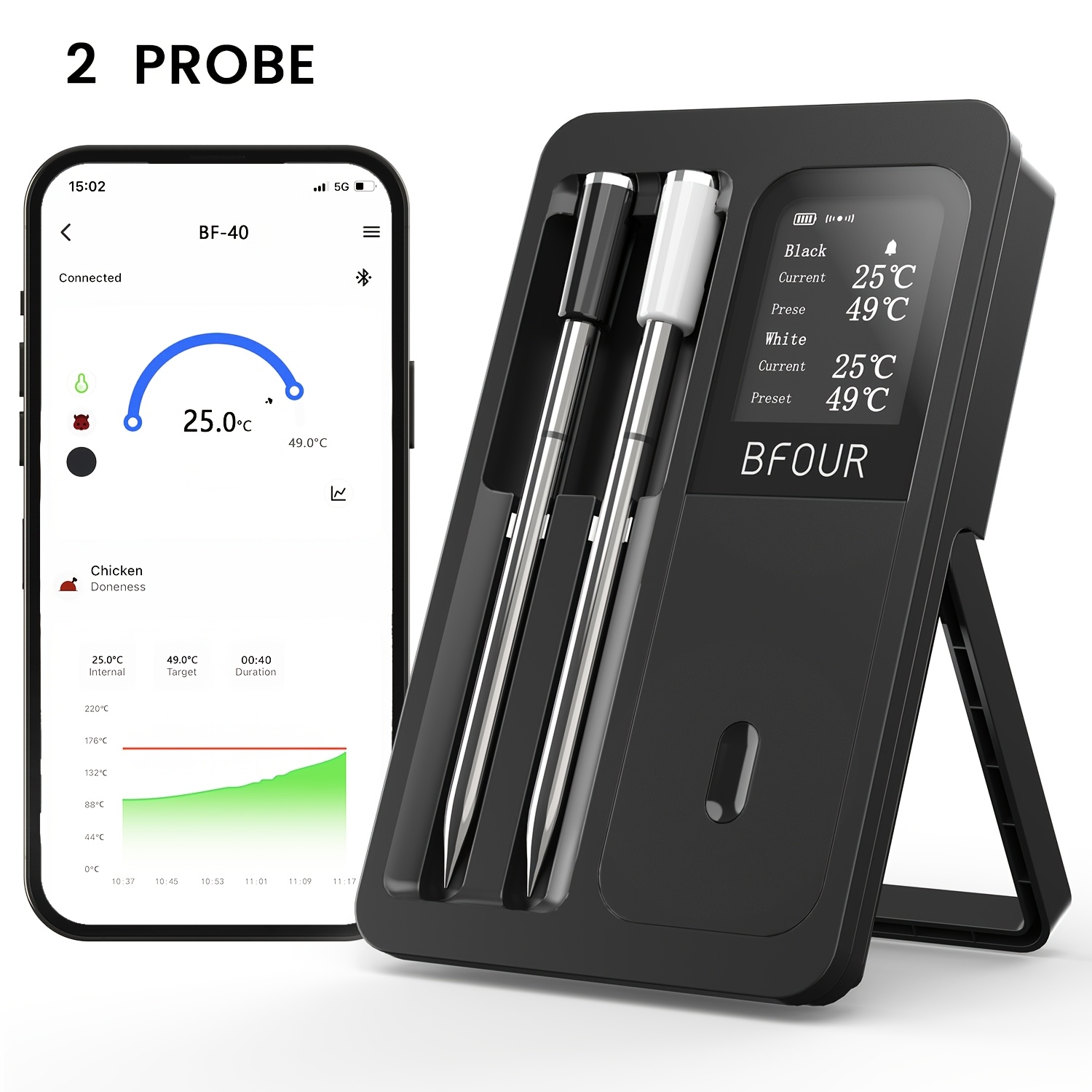 Image of Bfour Meat Thermometer Wireless With 2 Probes, Wireless Grill Thermometer With , Lcd Display, App Control, Digital Roasting Thermometer For Oven, Grill, Oven, Upgrade Version