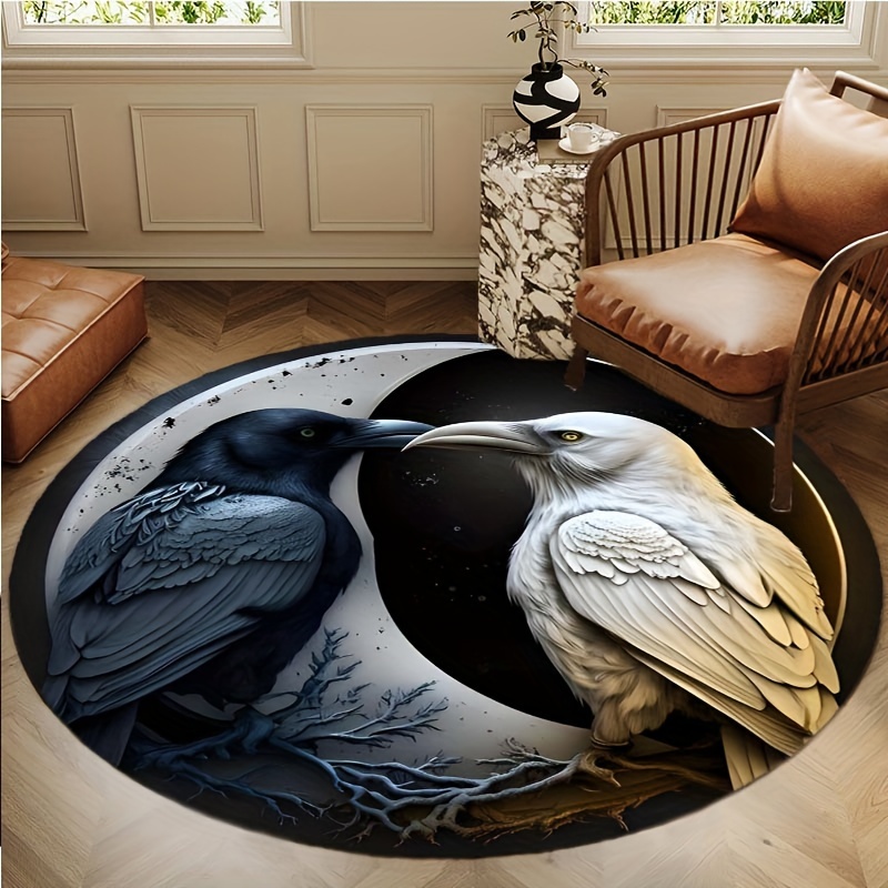 

Plush Crystal Velvet Black & White Crow Rug - Perfect For Living Room, Bedroom, Or Office Chair Mat