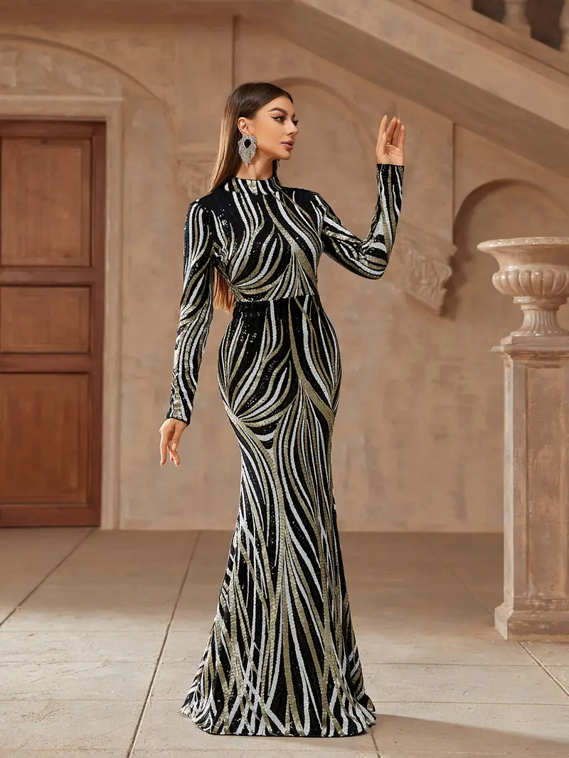 elegant skinny sequined backless dress long sleeve floor - Temu elegant skinny sequined backless dress long sleeve floor - Temu