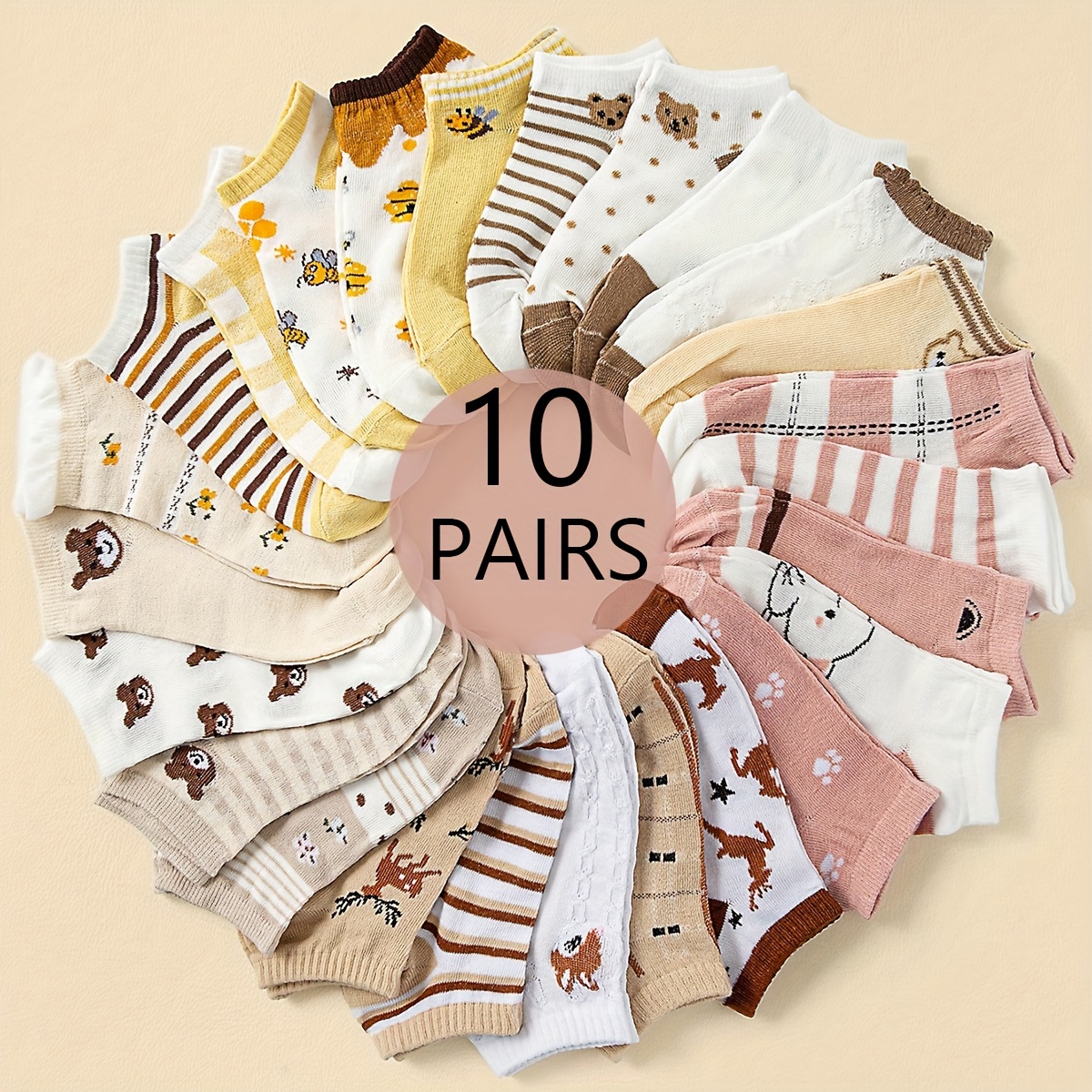 

Lot de 10 Chaussettes de Cheville en Mélange de Polyester pour Femmes - Animaux Mignons, Rayures & Designs Floraux, Confortable, Léger - Parfait pour le Port