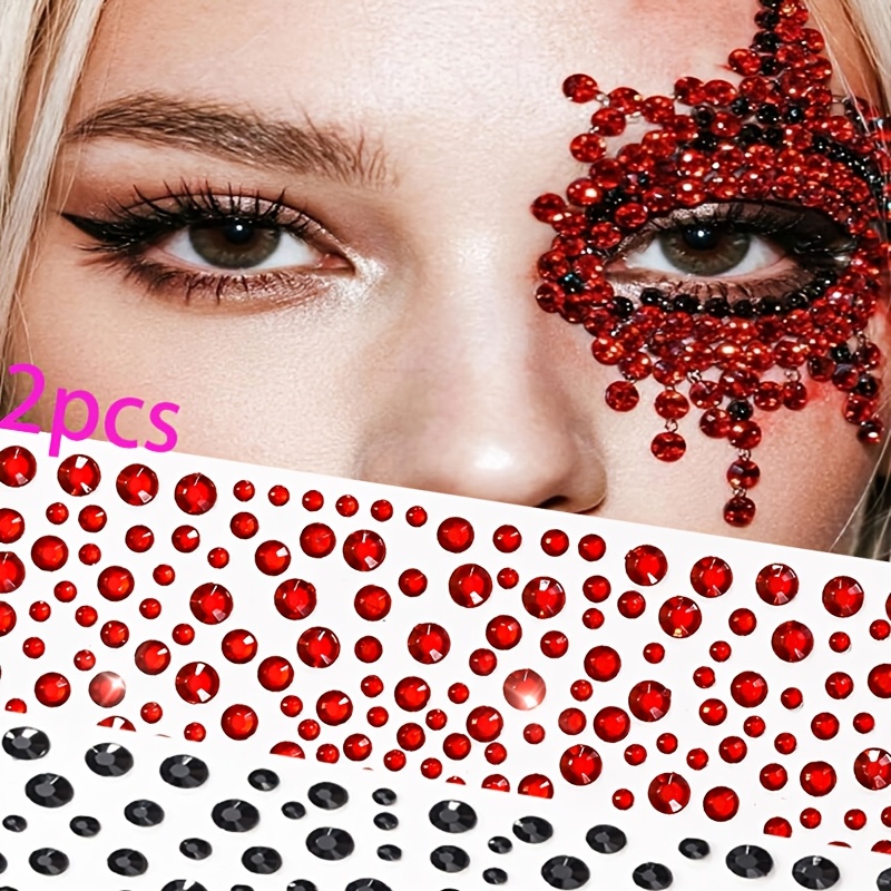 2sheets 3d Red&black Glitter Rhinestones Face Stickers | Sparkling Rhinestone Face Gems, Self-adhesive Crystal, Assorted Sizes For Music Festival, Y2k Makeup, Rave, Masquerade Party Eye Decor