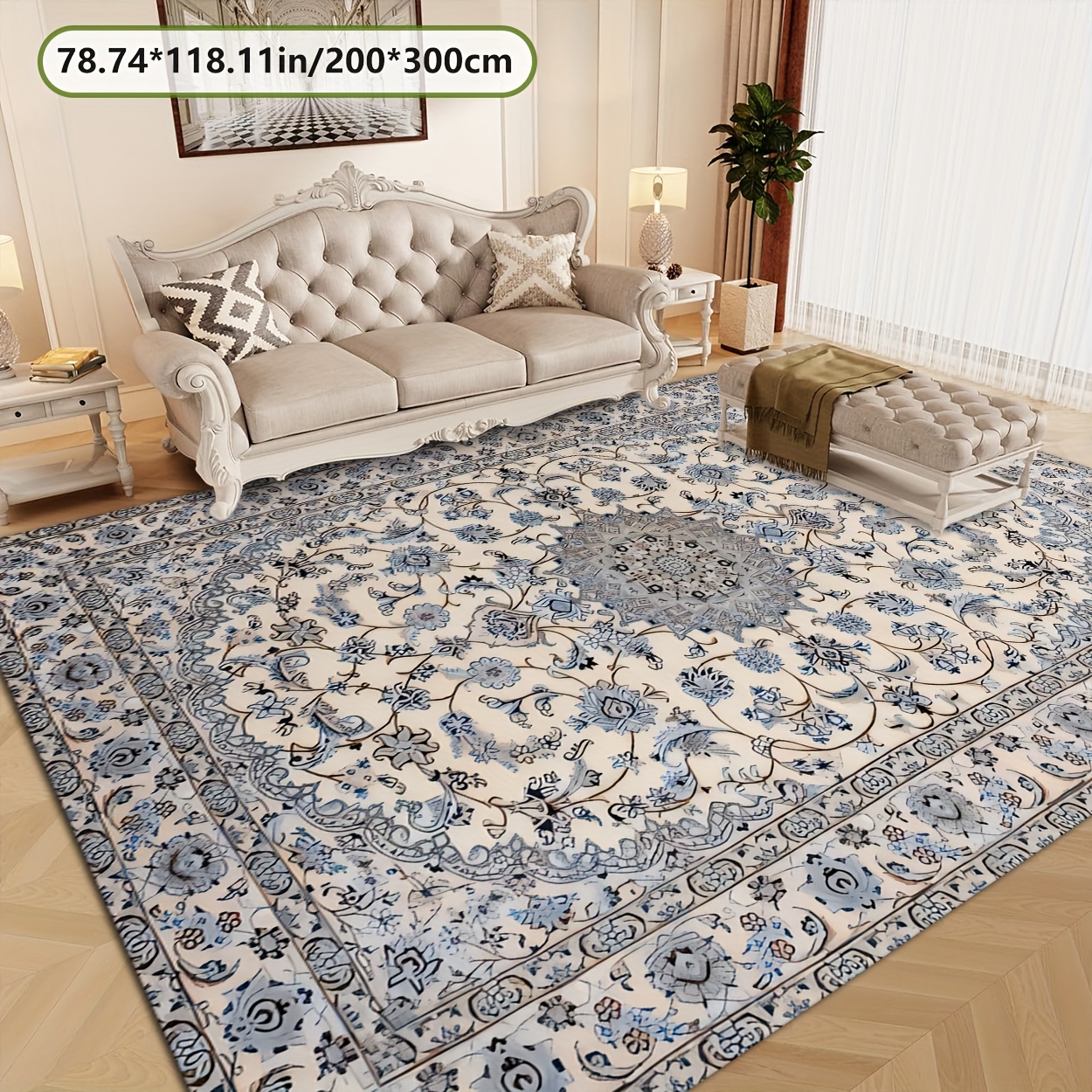TEMU This Carpet Features A Cream And Blue Floral Persian Design Made Of Golden Diamond Velvet With A Weight Of 800 Grams Per And A Dotted Plastic