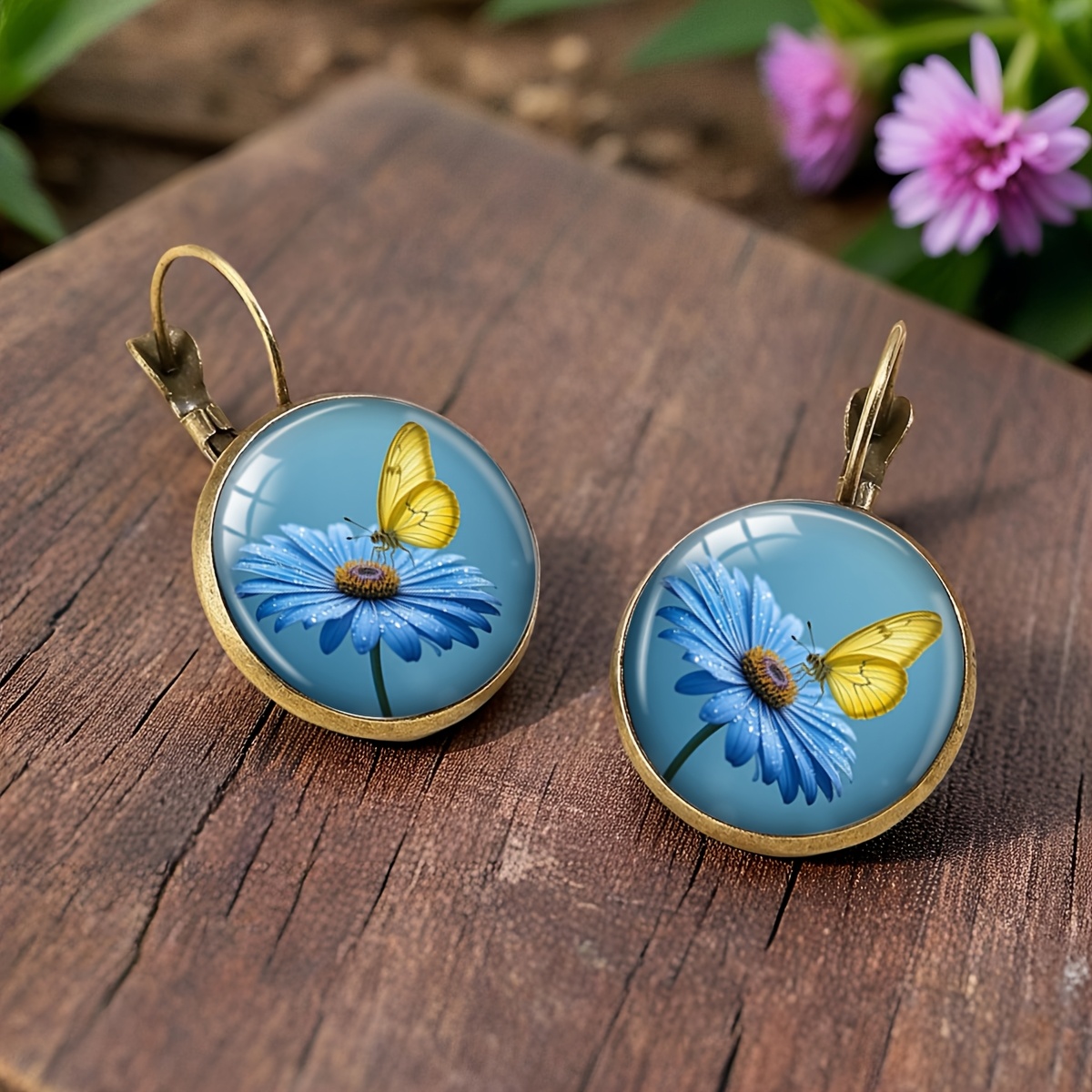 Blue Daisy & Yellow Butterfly Glass Dome Dangle Earrings