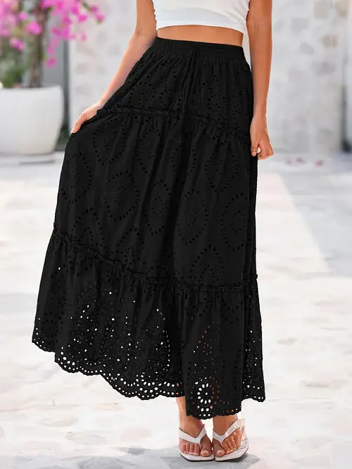 womens bohemian casual skirt new lace embroidery eyelets drawstring waist flowing layered a line long skirt
