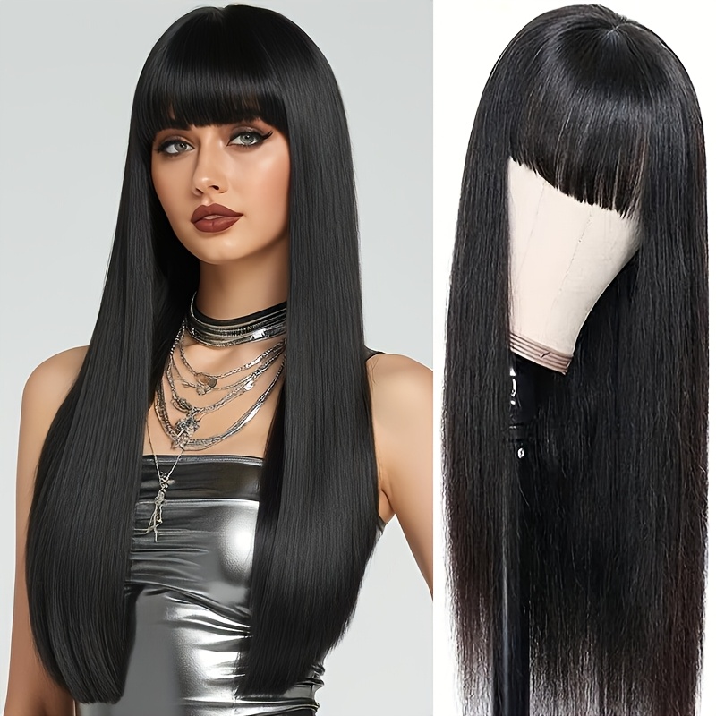 cm brown synthetic fiber straight wigs with bangs women's