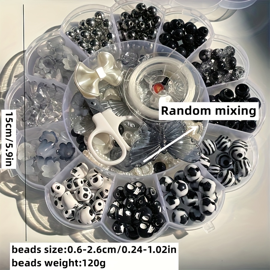 Image of 13-grid 120g Random Flower Beads Acrylic Black And White Ab Iridescent Beads Series Made Into Bracelet Series Mobile Phone Chain Pendant With 1 Roll Of Thread And Small Scissors Bead Decoration Kit