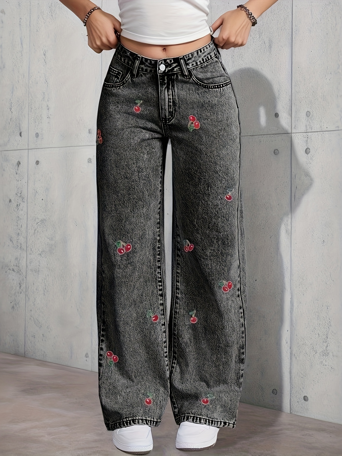 womens vintage washed distressed wide leg jeans - Temu