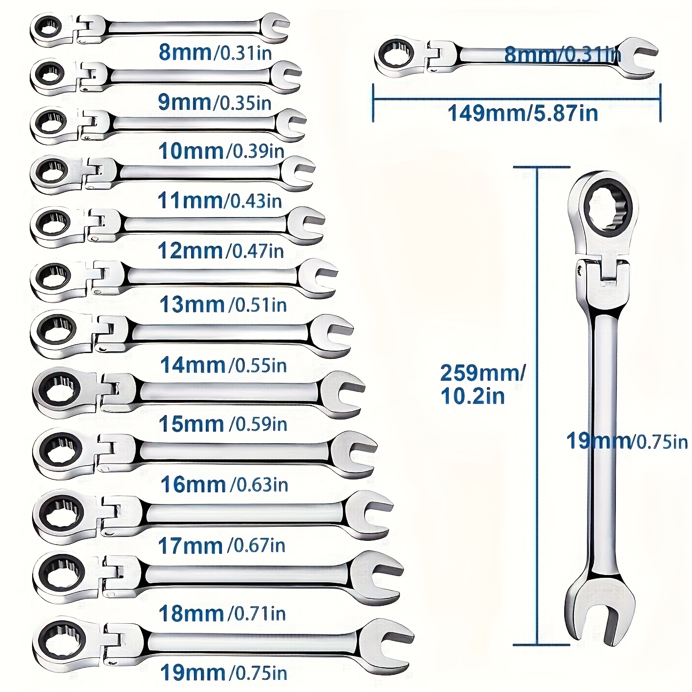 TEMU Jeu de clés à cliquet flexibles 12 pièces 8-19 mm, clé combinée à cliquet avec anneau d', kit de clés flexibles métriques à tête flexible