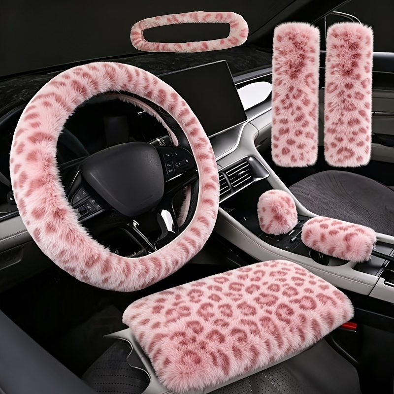 TEMU Kit d'intérieur de voiture en peluche à imprimé léopard 7 pièces, housse de volant, coussin de boîte à accoudoir, housse de protection d'épaule,