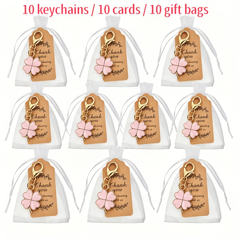 TEMU 30pcs/10sets Pink Clover Keychain Favor Set, White Mesh Bag + Thank You Tag, Birthday Party Thank You Small Hanging Ornament Gift, 10 Cards + 10