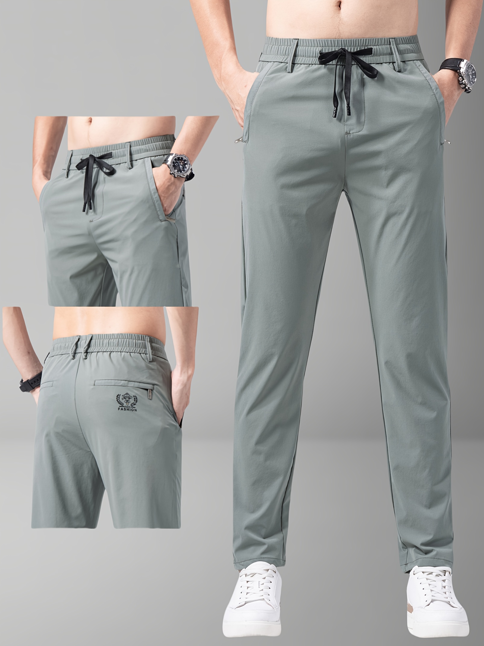 mens summer sports pants gray drawstring waist zippered pockets casual outdoor athletic wear for tennis golf casual athletic wear casual sportswear polyamide fabric details 5