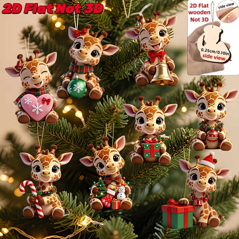 TEMU 2d Flat - 8pcs Set Of Christmas Cute Giraffes With Different Christmas Outfits Wooden Ornaments - 2d Flat, Not 3d | , Manufactured Wood |