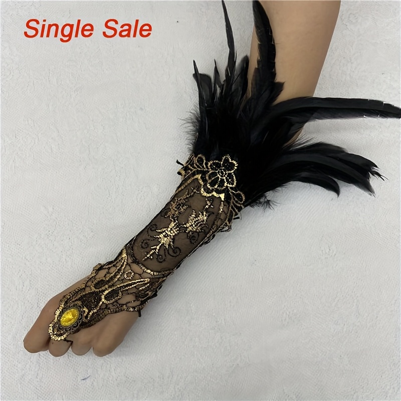 Image of Y2k Style Gloves Accessories, Feathered Golden Hollow-out Lace Trim Long Arm Sleeves For Women, Sexy Fingerless Gloves For Parties, Gothic Style Lace Fishnet Gloves, Christmas Ball Costume Accessories