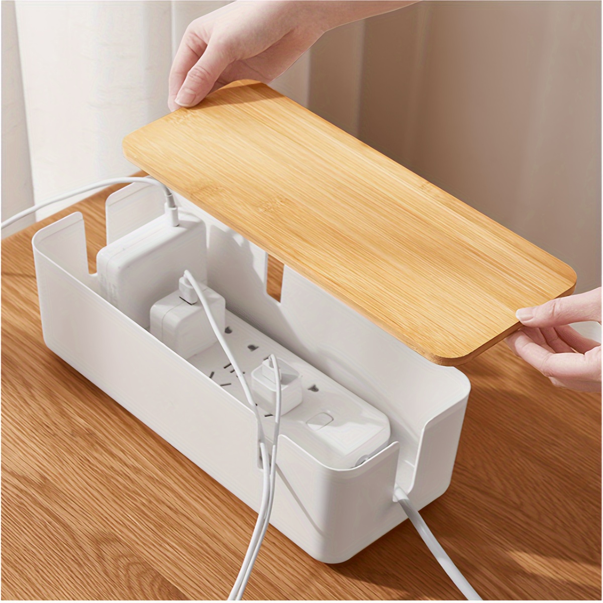 

Bamboo Lid Cable Management Box Organizer - Small Plastic Cord Concealment Case With Cover For Desk, Tv & Computer Wire Clutter Organization - Power Strip Hider (1 Pack)