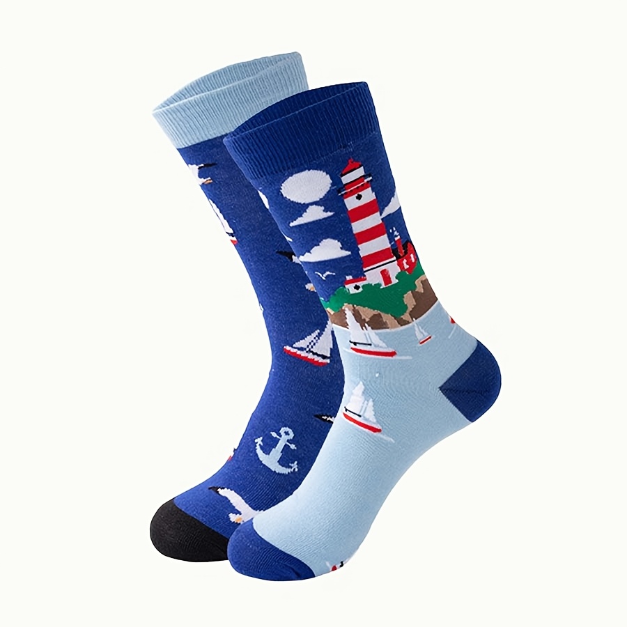 Image of Mid-calf Socks Featuring An Asymmetrical Design Of A Lighthouse, Sailboat, And In Shades Of Blue, Perfect For A Nautical Theme. Comfortable And Breathable, Make An Ideal Personalized Gift