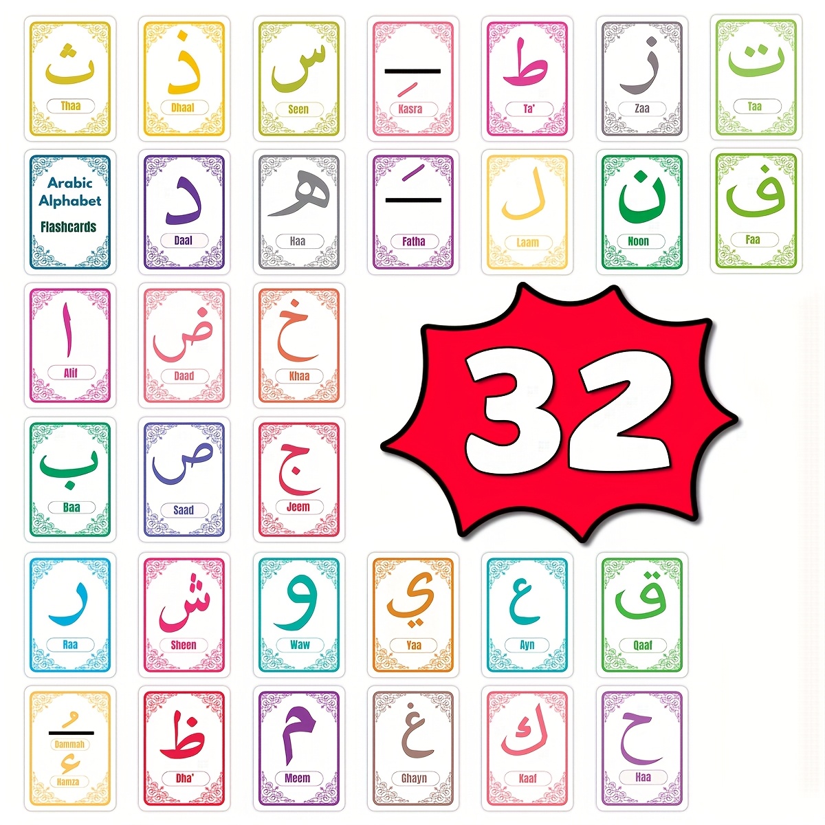 32pcs Arabic Alphabet Reading And Writing Cards Arabic Alphabet Educational Flashcards With English Annotations Word Recognition Cards Perfect For Arabic Beginners