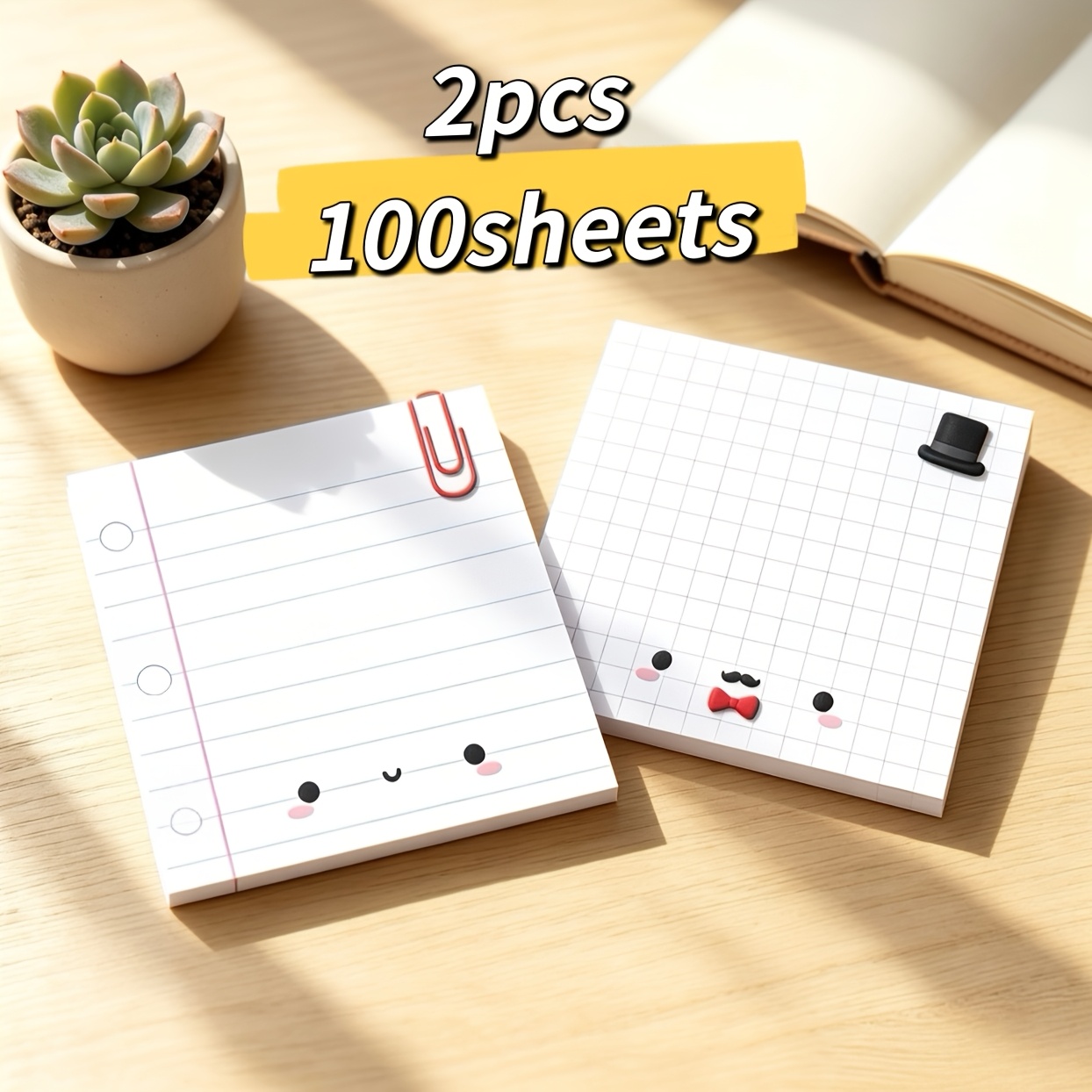 TEMU Blush Cute Face Paperclip Bow Tie Square Notes 2pcs Total 100 Sheets, Neat Lines Writing Tidy, No Residue Adhesive No Damage To Documents, Desk