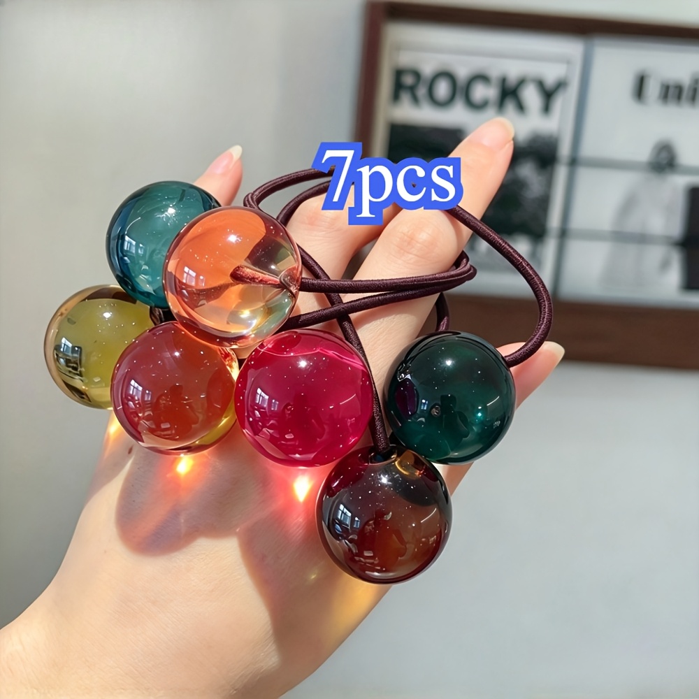 TEMU 7pcs Random Color Of Colorful Semi Transparent Hair Rings - Women's High Elasticity Ponytail Tie, Colorful Glossy Additions, Christmas Gifts And