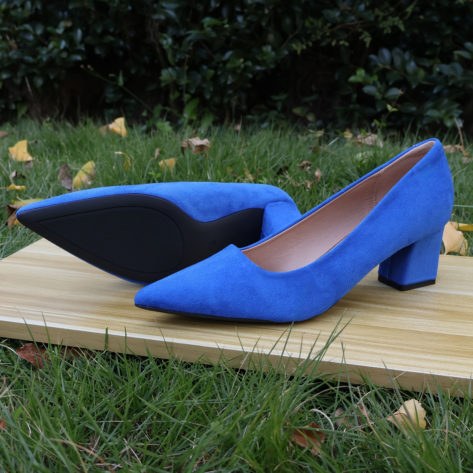 womens comfortable pointed toe chunky heels solid color slip - Temu