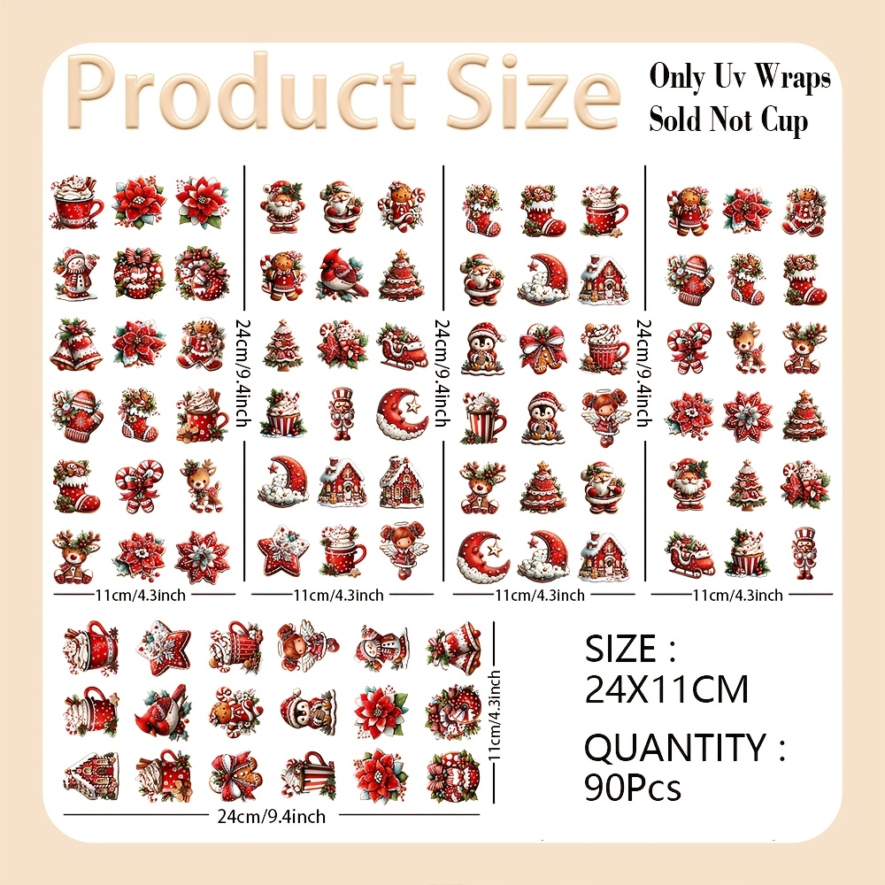 TEMU 90pcs Red Gingerbread Christmas Uv Dtf Transfer, Watercolor Gingerbread, , Santa, Snowmen, Angels, Reindeer, Stockings, Poinsettias, And Wreaths