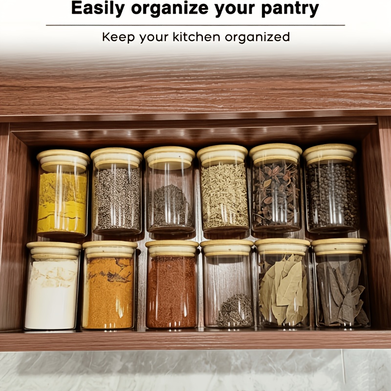 TEMU 12pcs Set Of Airtight Glass Spice Jars With Bamboo Sealing Lids, Transparent Seasoning Storage Containers, Kitchen Cabinet Organizers, Stackable