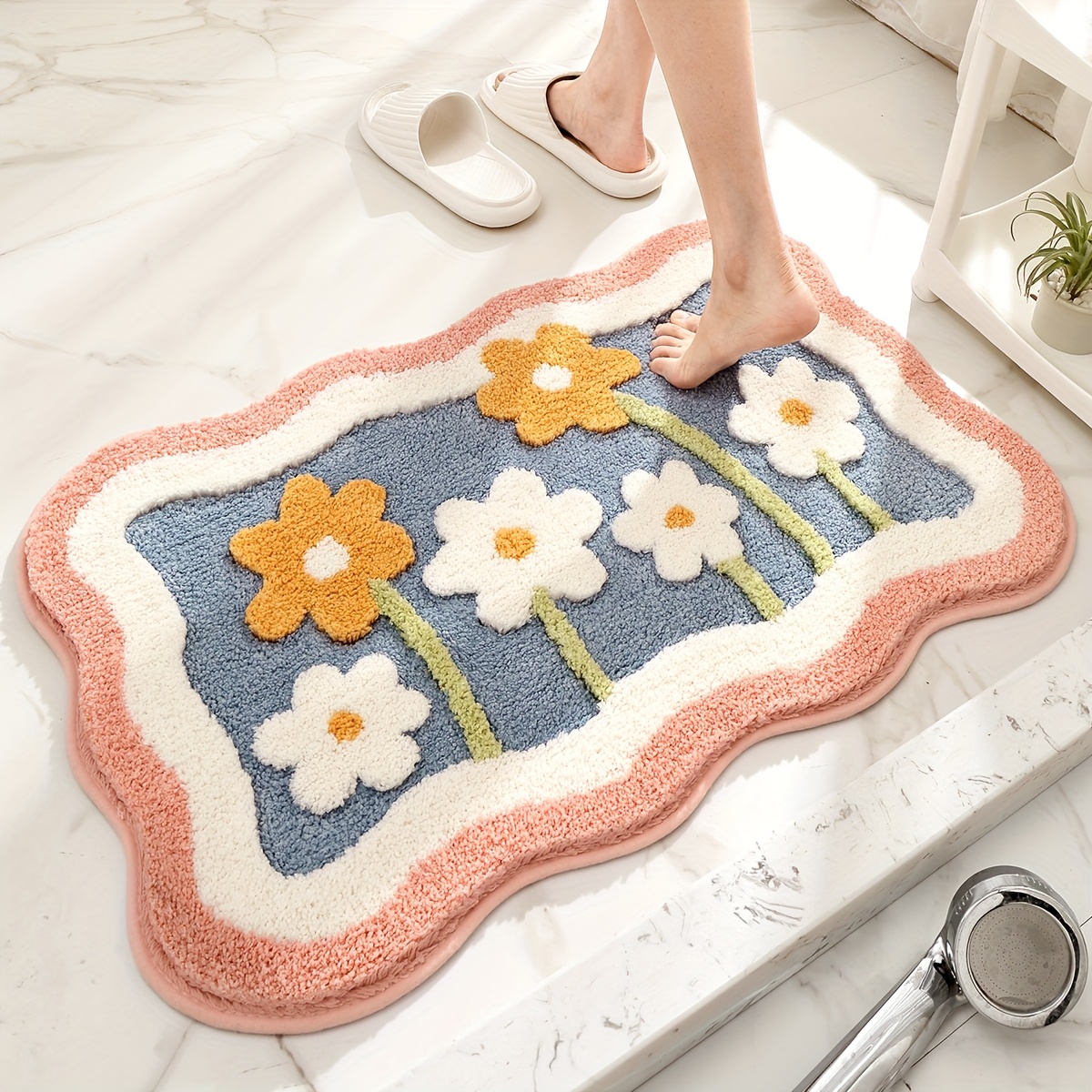 Image of 1pc, Bath Mat, Flower Indoor Mat, Absorbent Non-slip Indoor Floor Mat, Shower Room Mat, Shower Room Rug, Carpet, Toilet Carpet, Home Decor Room Decor, Christmas Decoration Christmas Gift