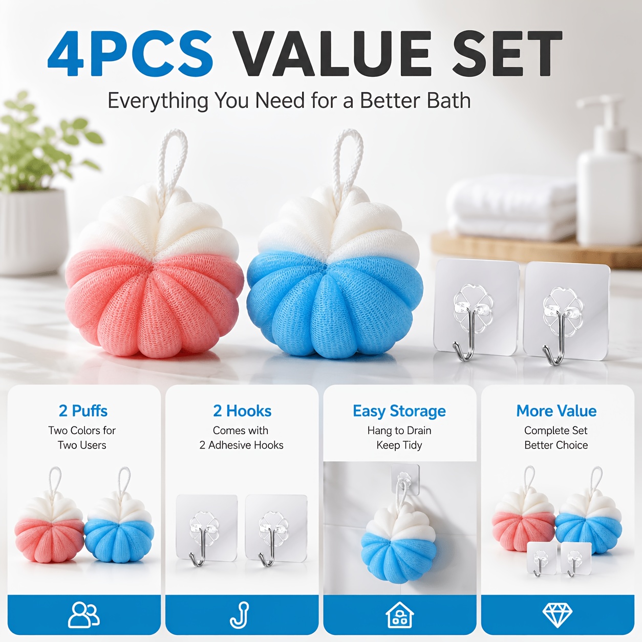 4pcs Set of Dual-Color Mesh Bathing Balls with Hooks