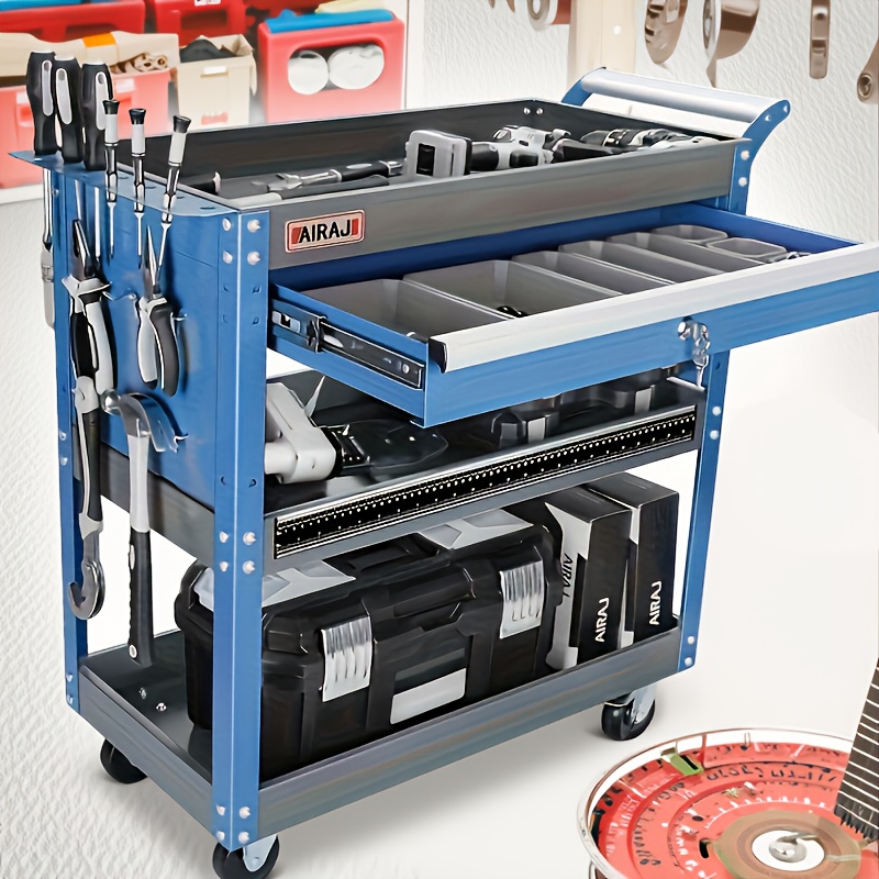 Image of -level Tool Cart Designed For Tool Storage, Featuring Secure Drawers And Double-layer Shelves, Of To 200kg, This Spacious Tool Trolley Serves As A Service Cart For Transporting Materials