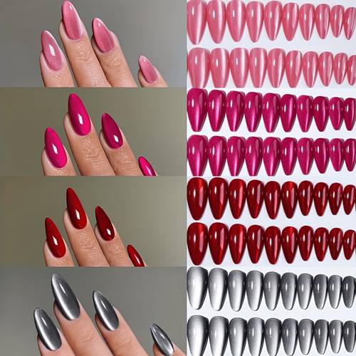 120pcs short almond cat eye press on nails silvery cat eye acrylic false nails set woman and daily wear party use nail supplies nails 15 size christmas and halloween cat eye press on nails