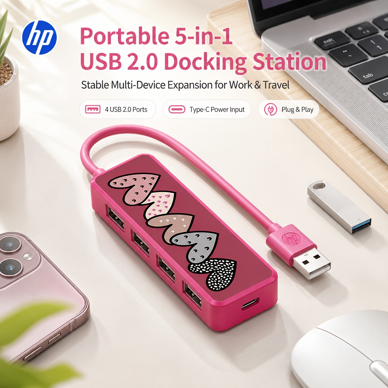 TEMU Usb 2.0 Docking Station, Portable 4-port Usb With Type-c 5v1a Power Input, Multi-device Expansion For Laptop, Tablet, Pc, Keyboard, Mouse, U