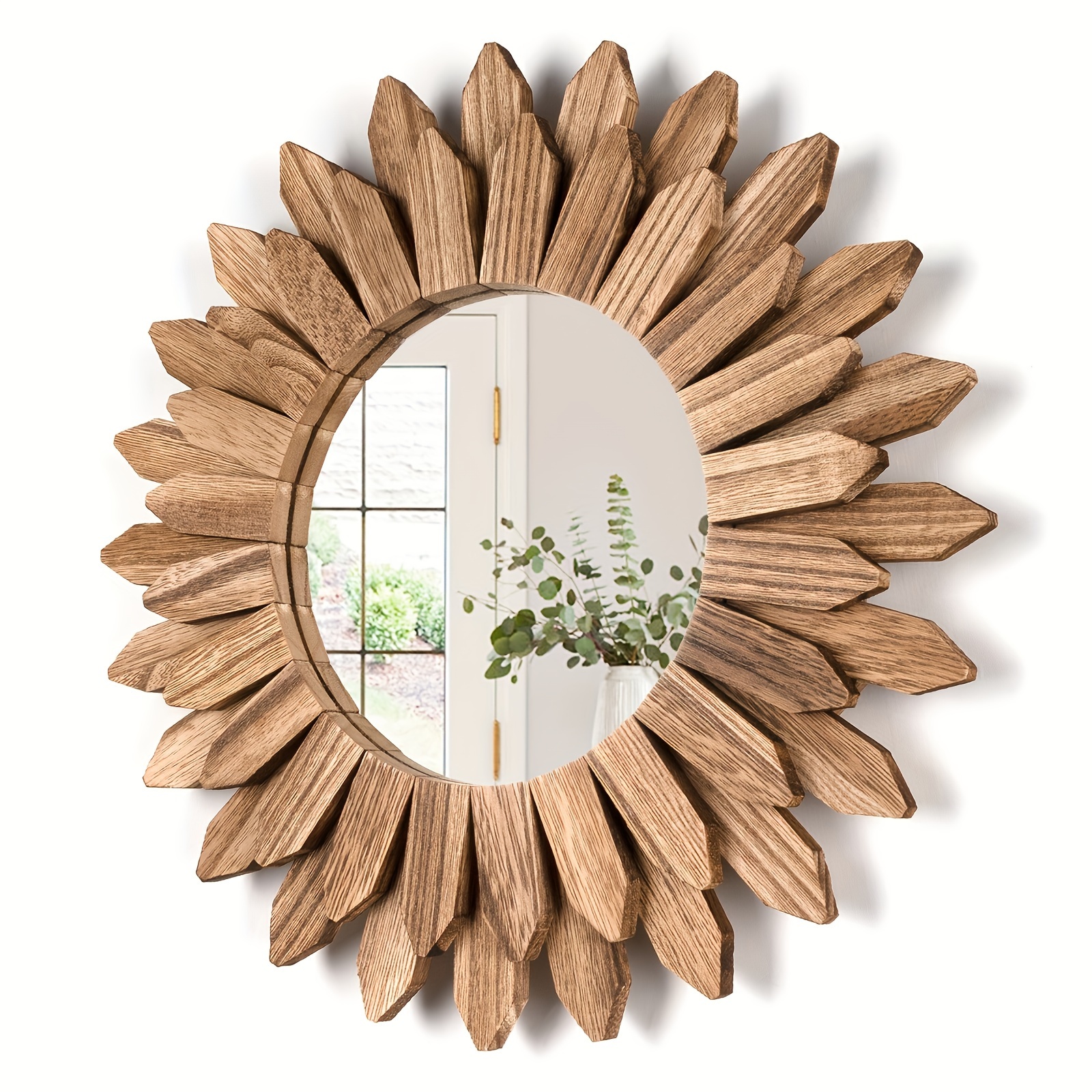 

[1pc Bohemian Sunflower Wooden Mirror] 1pc Bohemian Sunflower Hollow-out Wooden Mirror, Theme Wall Hanging Decorative Mirror For Bedroom, Living Room, Jewelry Making Kit - No Power Needed