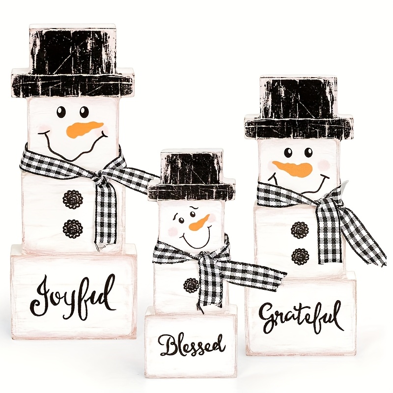 TEMU 3pcs Rustic Farmhouse Snowman Table Decor - Artificial Winter Centerpiece With Checkered Ribbon, Irregular Snowman Signs Suitable For Christmas