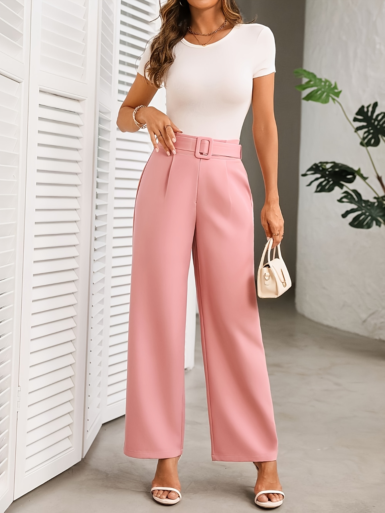 womens elegant high waist wide belt pants solid color Temu