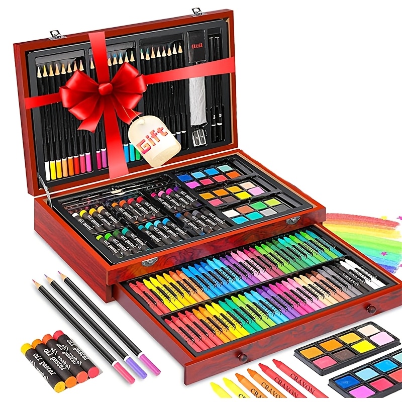 TEMU [2d Flat] 1 Set 42/145/210/228 Pack Deluxe Wooden Art Drawing Painting Coloring Supplies Kit With 24 Colored Pencils, 24 Oil Pastels, 24