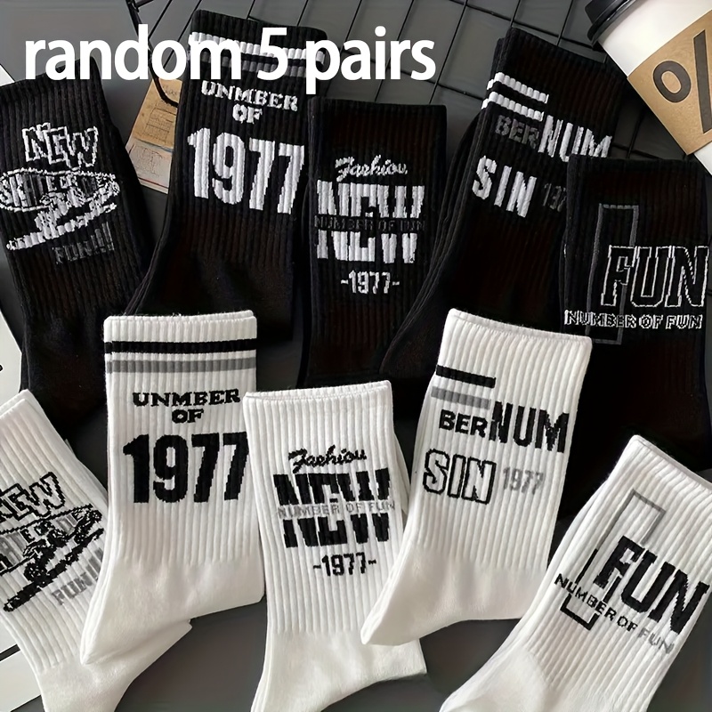 TEMU 5/10/20 Pairs Random Socks Men's Mid-calf Socks Black White Athletic Couple Socks Youth Street Trendy Letter Long Socks