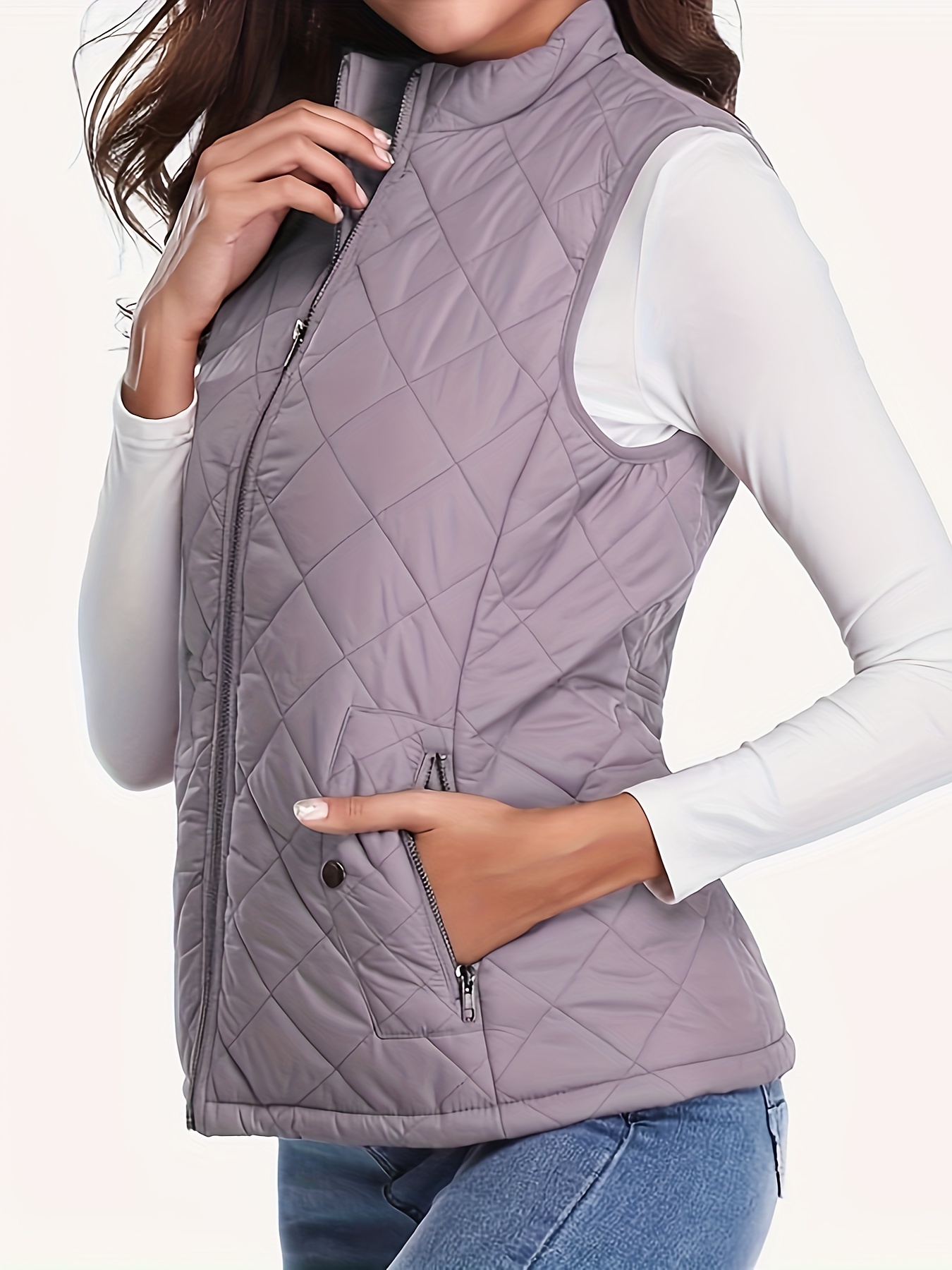 womens stand up collar lightweight vest with stitching and zipper back details 18