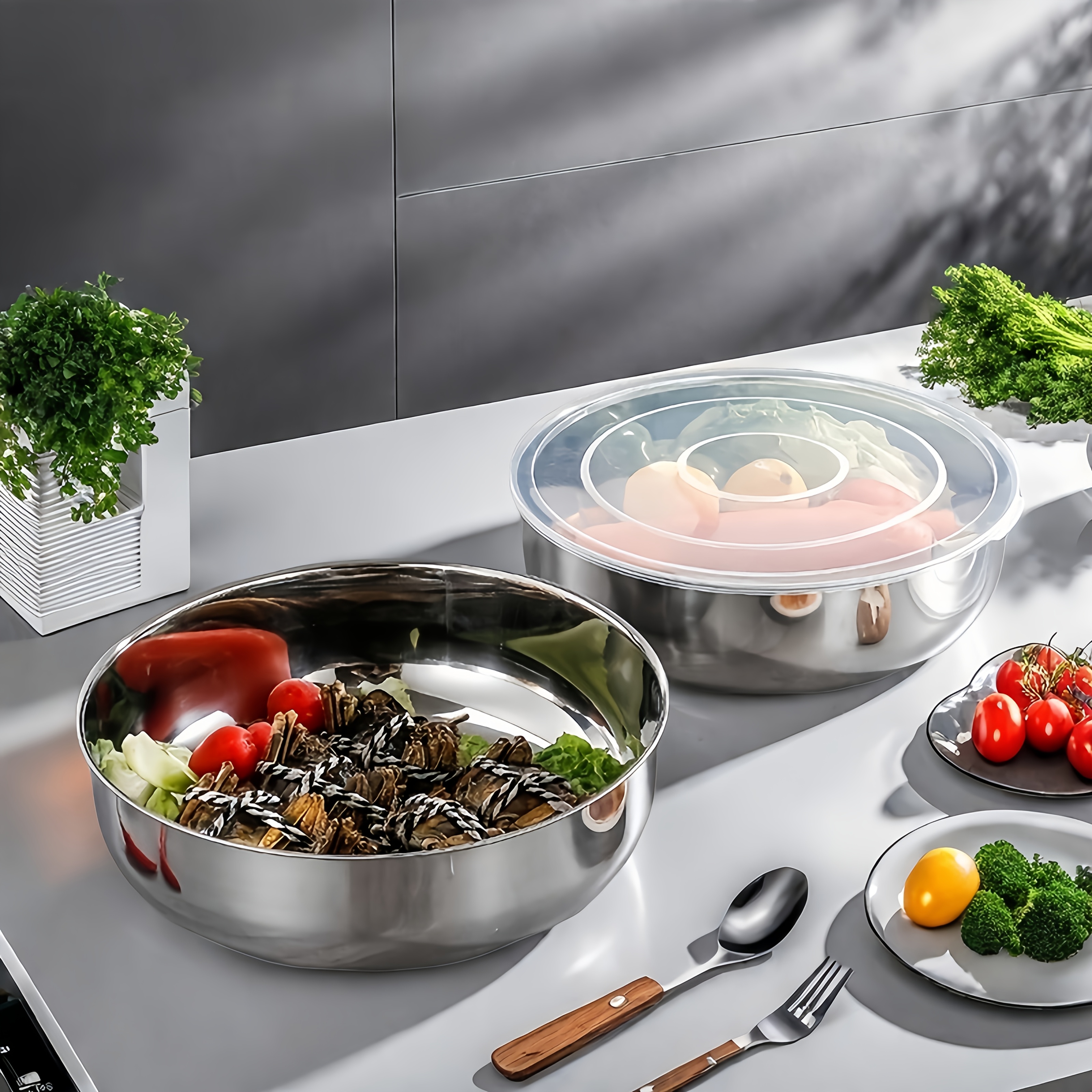 roestvrijstalen mengkom - roestbestendig, ideaal voor  , salades, soepen, kneden van  , noedels en koken van soep - veelzijdige keukenbenodigdheid met doorzichtige deksel, voorbereiding van   | veelzijdig keukengerei | roestvrijstalen kom 3