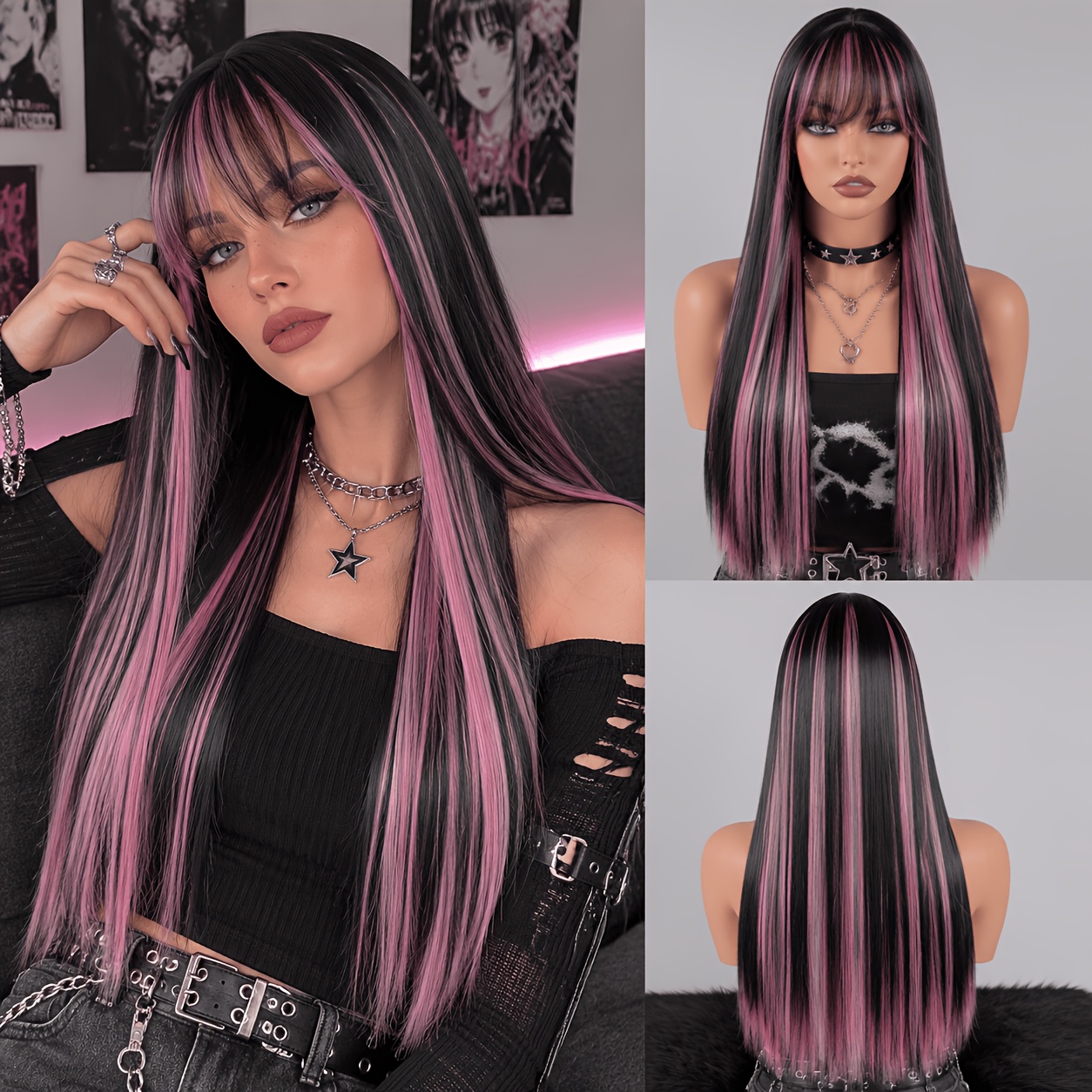 TEMU Perruque 24 pouces Noire et Rose Peekaboo avec Frange, Perruque Synthétique Longue et Lisse pour Femmes, Cosplay Anime Punk Perruque de Costume