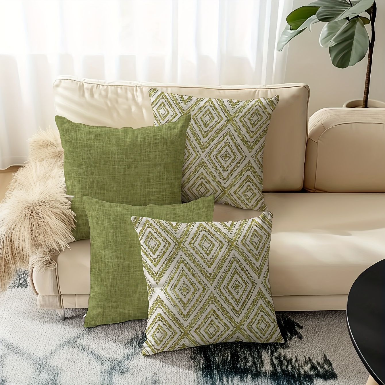 TEMU 4pcs, Taie d'oreiller, Taie d'oreiller à motif géométrique en treillis vert, Housse de coussin, Impression simple face, 17.7 pouces * 17.7