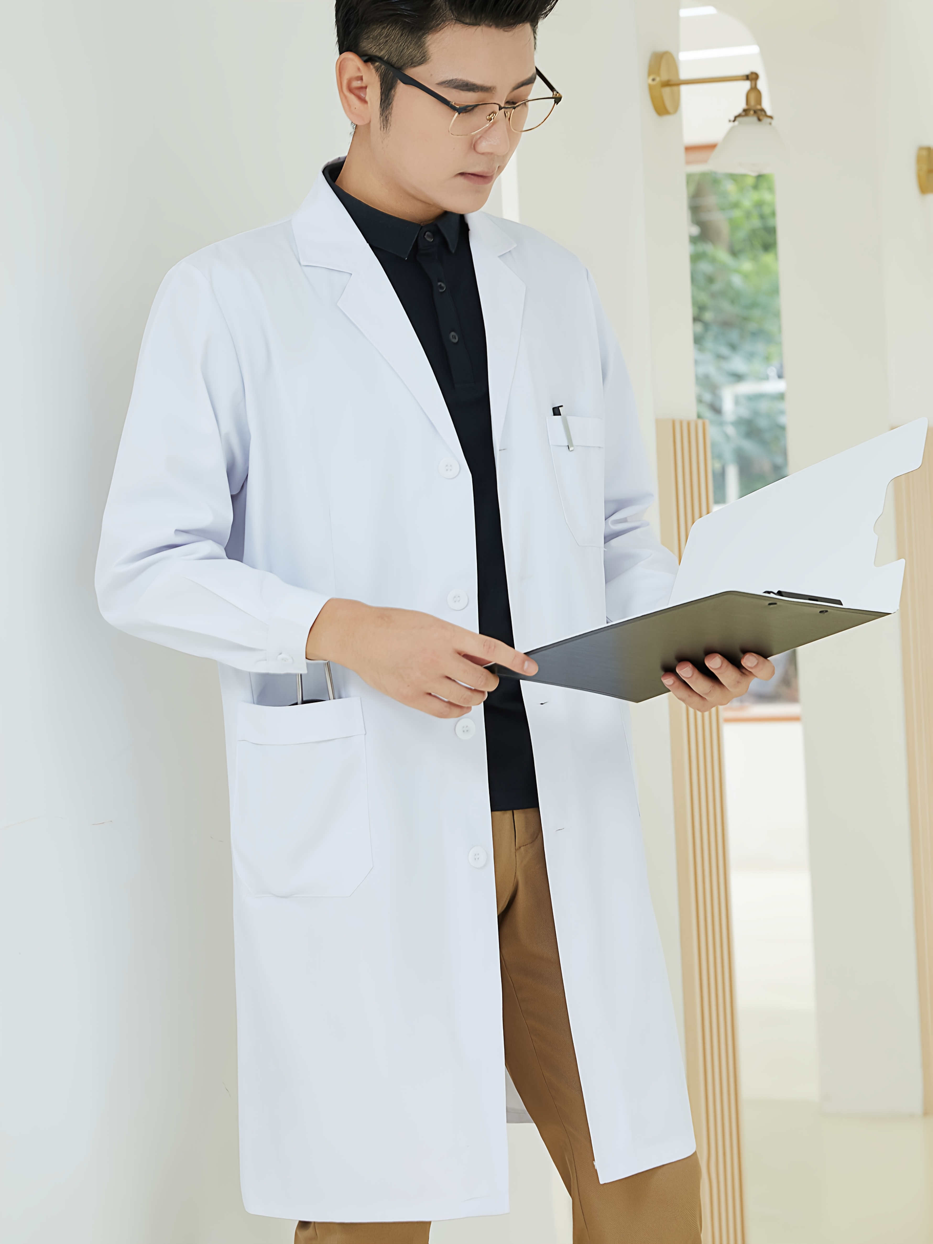 mens white long sleeve lab coat with multiple pockets ideal for     and scientists professional attire   functional pockets 0