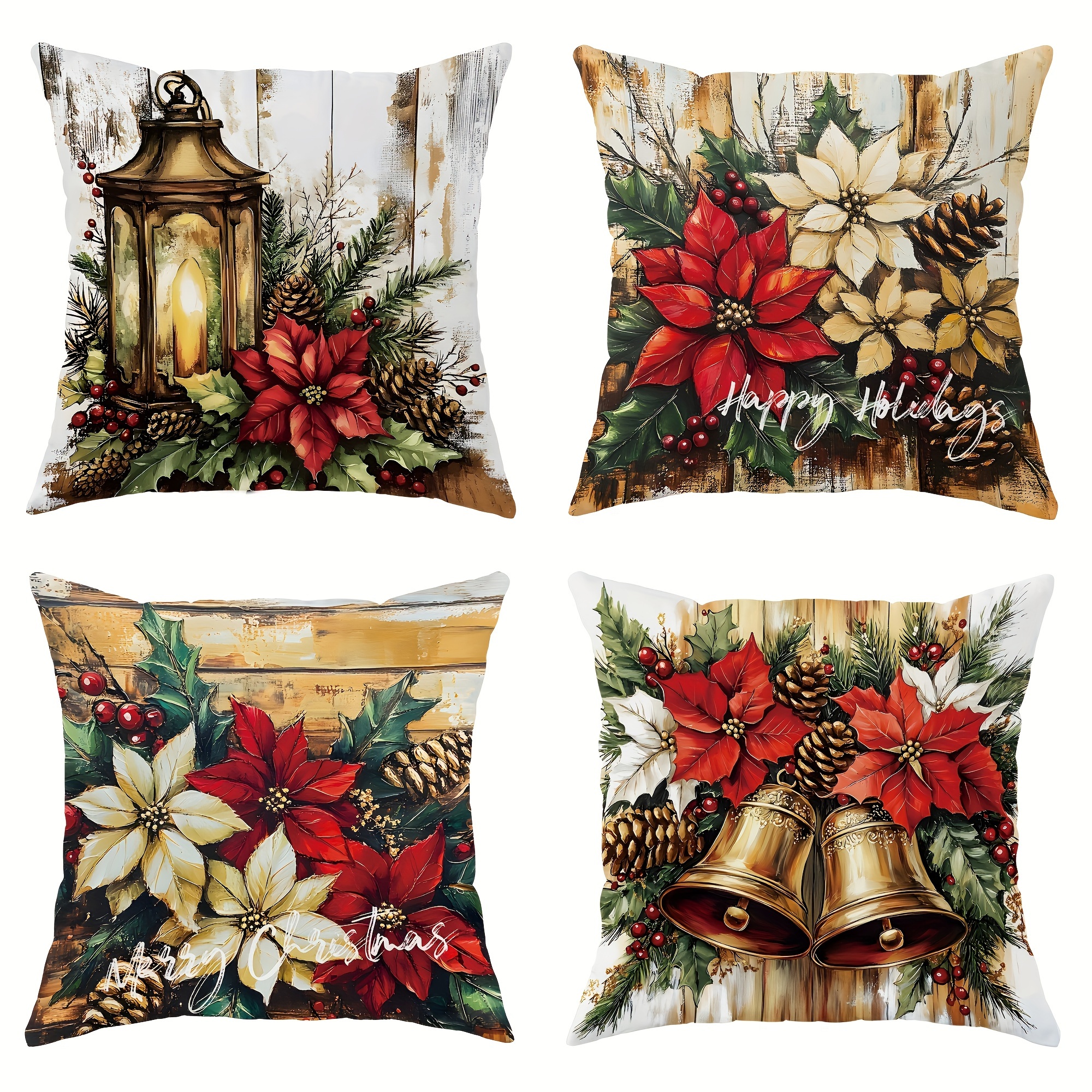 

4pcs Christmas Throw Pillowcase Set 18x18in, Country Red And , Christmas Flower And Holly , Farmhouse Style, Modern Decorative Pillowcase, Suitable For Living Room Sofa Bed Decoration, Home Decoration