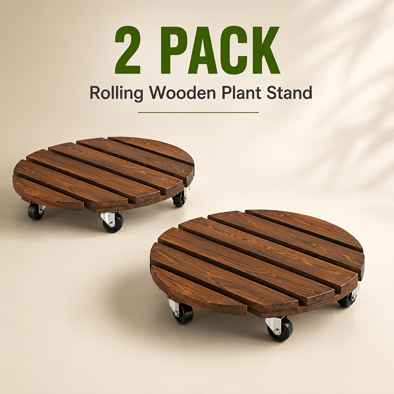 TEMU 2pcs Wooden Plant Stand With Locking Wheels - Suitable For Indoor/outdoor Heavy-duty Rolling Plant Stand