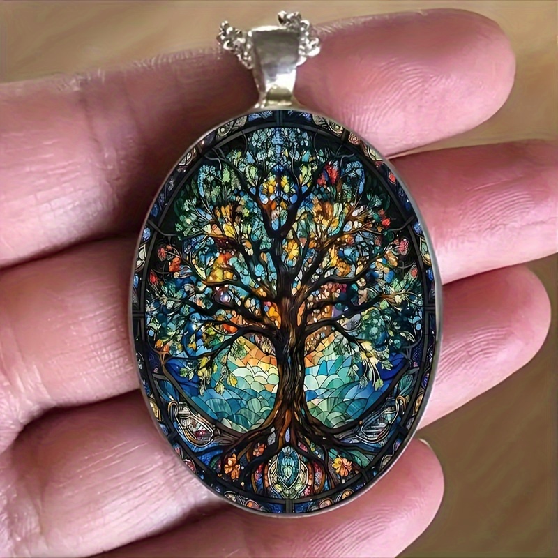 TEMU 1pc Fashion Elegant Tree Of Oval Alloy Glass Pendant Chain Necklace, Romantic Gift